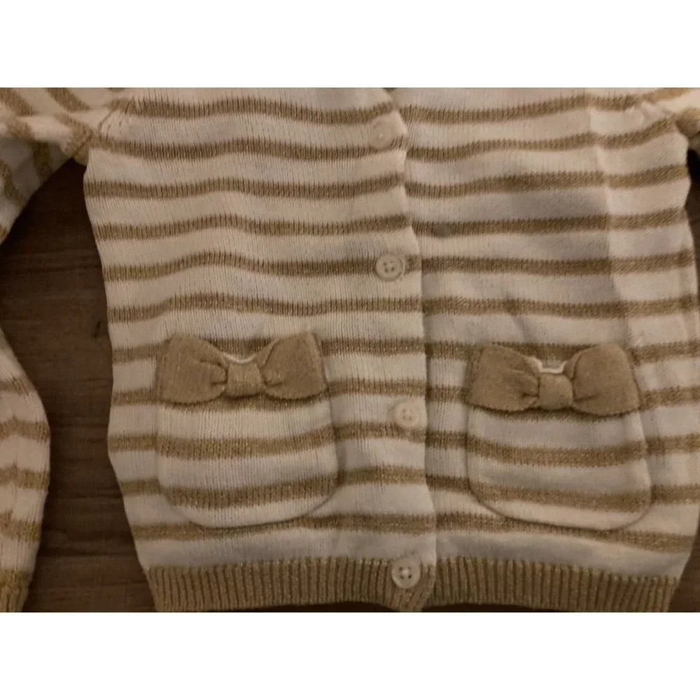 Gymboree Sparkly Gold and White Striped Cardigan Sweater 2T Bow Pockets Cotton